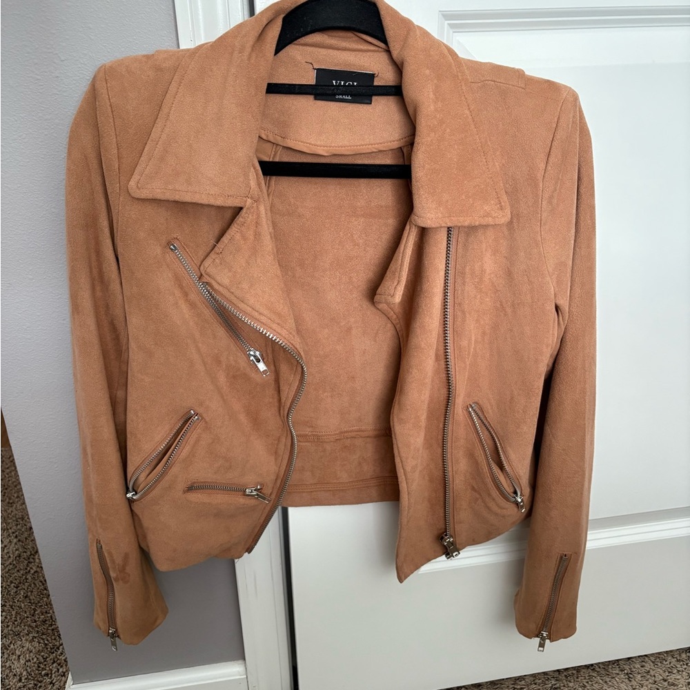 VICI Tan Faux Suede Moto Jacket Lightweight Zip Up Size Small - Picture 5 of 8